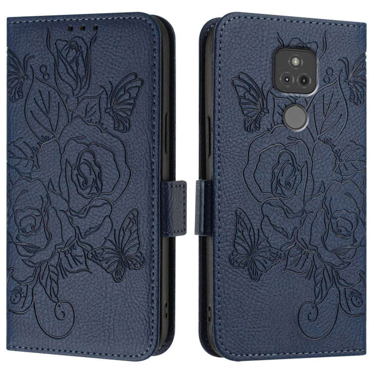 For Motorola Moto G Play 2021 Embossed Rose RFID Anti-theft Leather Phone Case(Dark Blue)