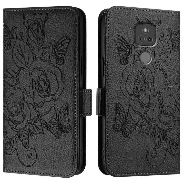 For Motorola Moto G Play 2021 Embossed Rose RFID Anti-theft Leather Phone Case(Black)