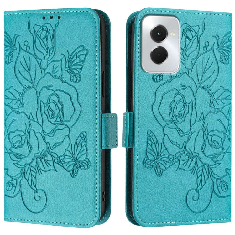 For Motorola Moto G Power 5G 2024 Embossed Rose RFID Anti-theft Leather Phone Case(Light Blue)