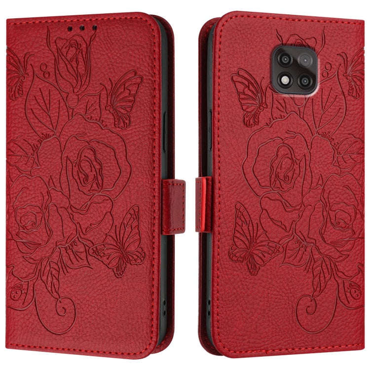 For Motorola Moto G Power 2021 Embossed Rose RFID Anti-theft Leather Phone Case(Red)