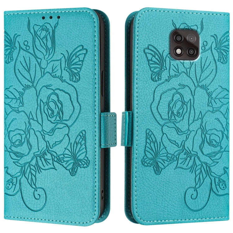 For Motorola Moto G Power 2021 Embossed Rose RFID Anti-theft Leather Phone Case(Light Blue)