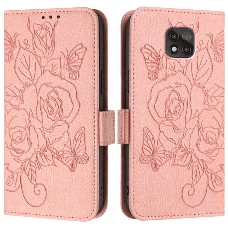For Motorola Moto G Power 2021 Embossed Rose RFID Anti-theft Leather Phone Case(Pink)