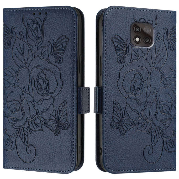 For Motorola Moto G Power 2021 Embossed Rose RFID Anti-theft Leather Phone Case(Dark Blue)