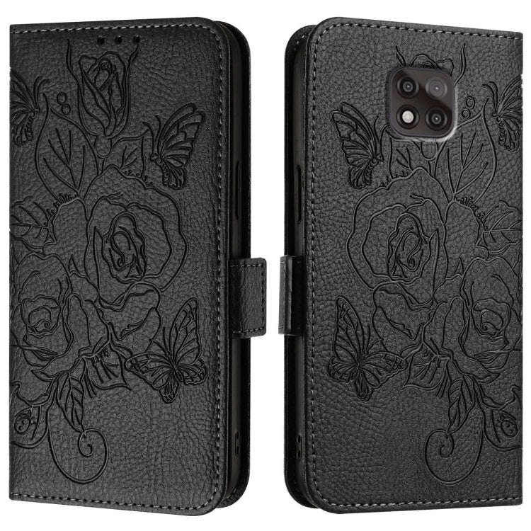 For Motorola Moto G Power 2021 Embossed Rose RFID Anti-theft Leather Phone Case(Black)