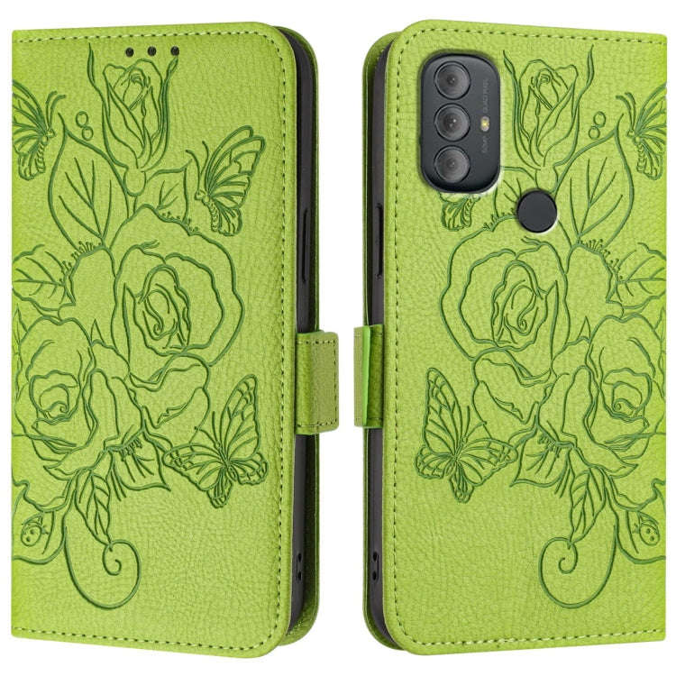 For Motorola Moto G Power 2022 Embossed Rose RFID Anti-theft Leather Phone Case(Green)
