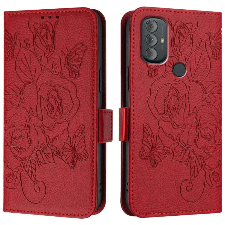 For Motorola Moto G Power 2022 Embossed Rose RFID Anti-theft Leather Phone Case(Red)