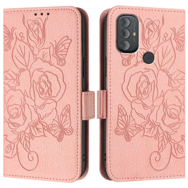 For Motorola Moto G Power 2022 Embossed Rose RFID Anti-theft Leather Phone Case(Pink)