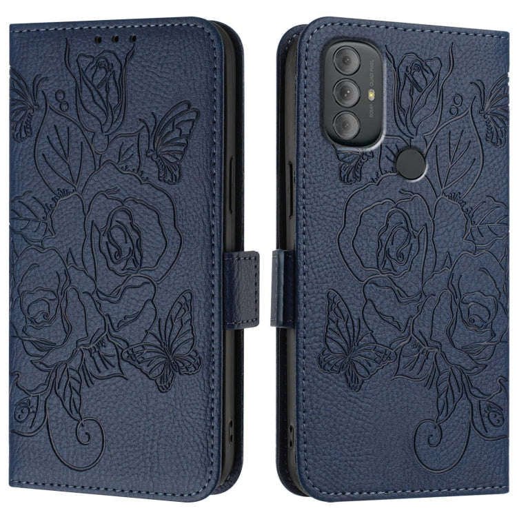 For Motorola Moto G Power 2022 Embossed Rose RFID Anti-theft Leather Phone Case(Dark Blue)