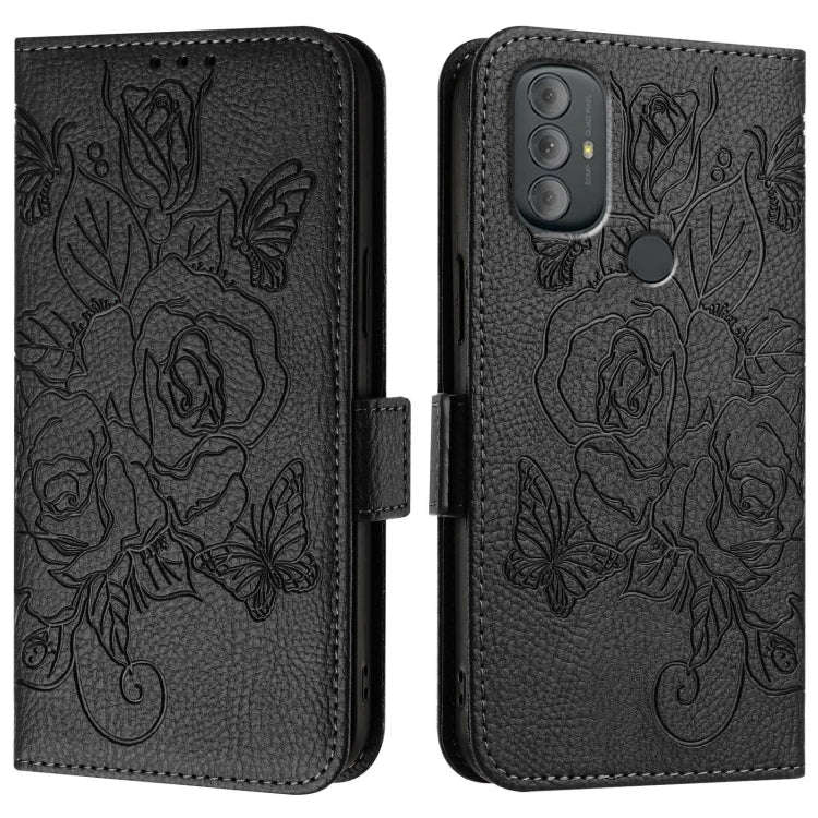 For Motorola Moto G Power 2022 Embossed Rose RFID Anti-theft Leather Phone Case(Black)