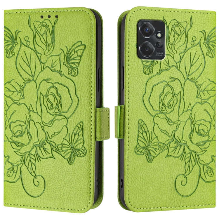 For Motorola Moto G Power 2023 Embossed Rose RFID Anti-theft Leather Phone Case(Green)