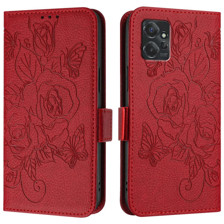 For Motorola Moto G Power 2023 Embossed Rose RFID Anti-theft Leather Phone Case(Red)