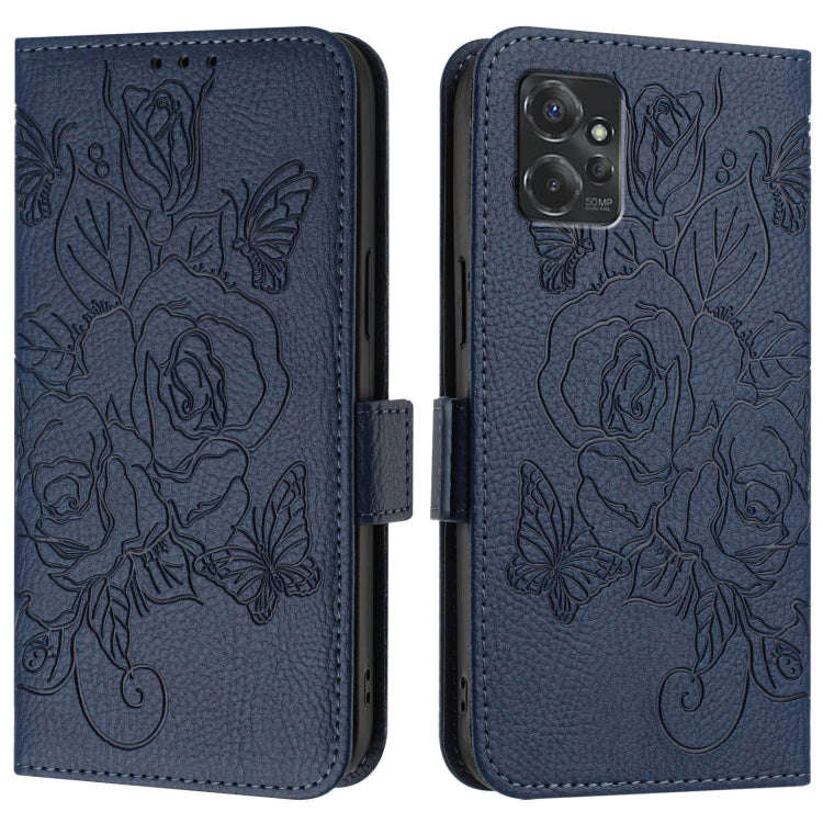 For Motorola Moto G Power 2023 Embossed Rose RFID Anti-theft Leather Phone Case(Dark Blue)