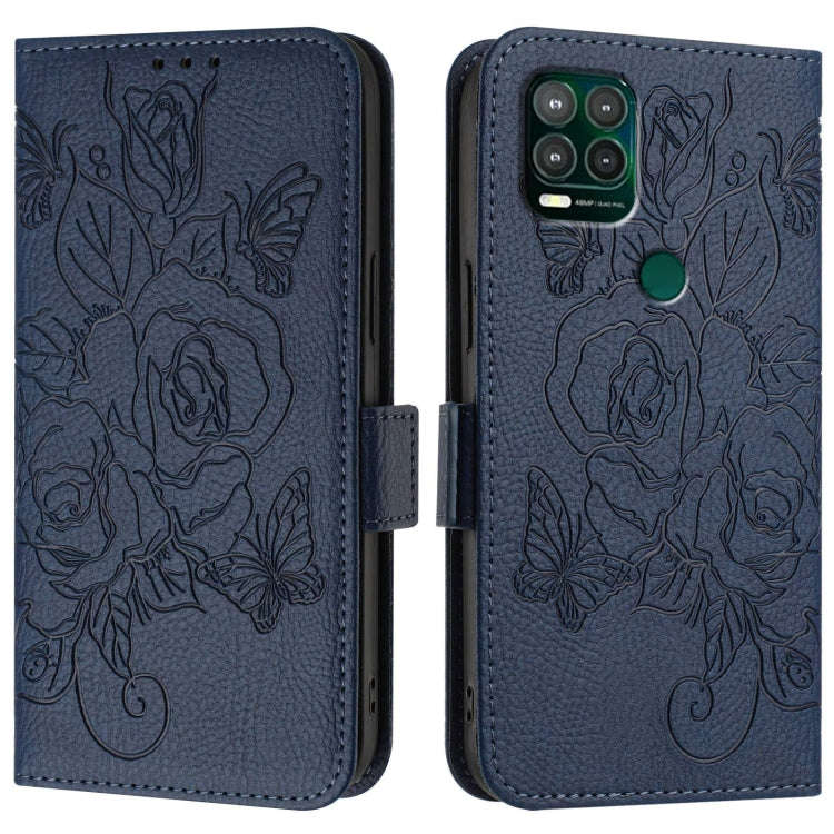 For Motorola Moto G Stylus 5G 2021 Embossed Rose RFID Anti-theft Leather Phone Case(Dark Blue)