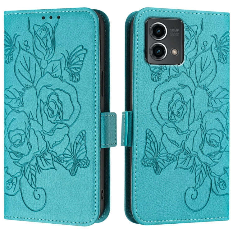 For Motorola Moto G Stylus 5G 2024 Embossed Rose RFID Anti-theft Leather Phone Case(Light Blue)