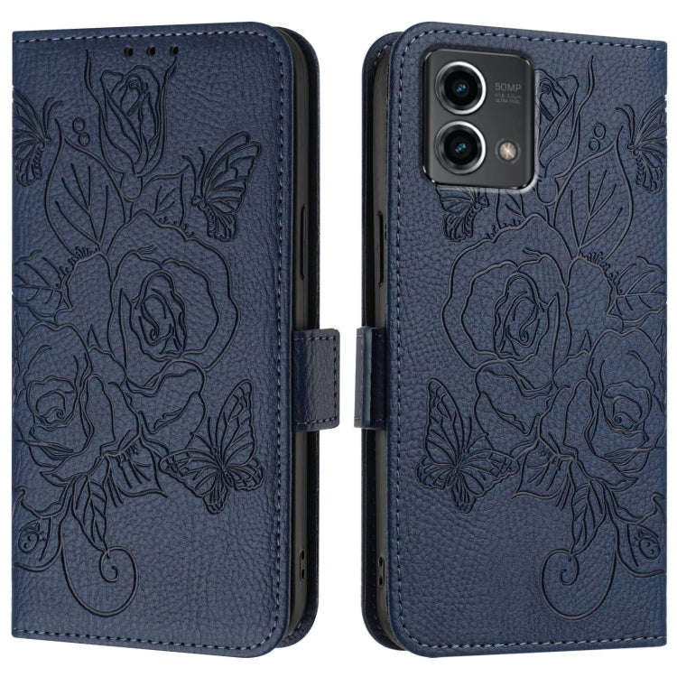 For Motorola Moto G Stylus 5G 2024 Embossed Rose RFID Anti-theft Leather Phone Case(Dark Blue)