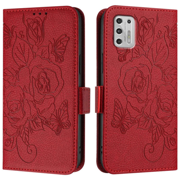 For Motorola Moto G Stylus 2021 4G Embossed Rose RFID Anti-theft Leather Phone Case(Red)