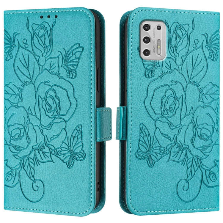 For Motorola Moto G Stylus 2021 4G Embossed Rose RFID Anti-theft Leather Phone Case(Light Blue)