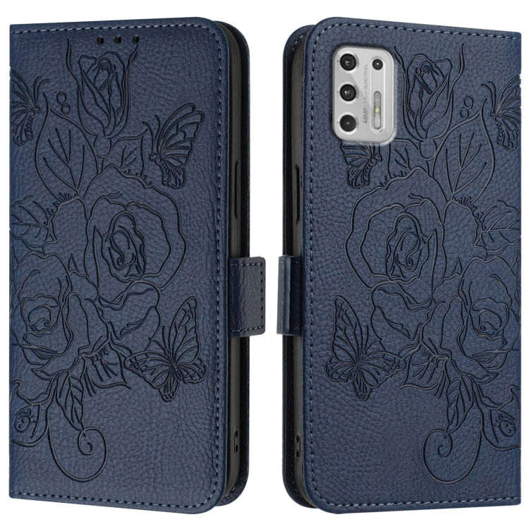 For Motorola Moto G Stylus 2021 4G Embossed Rose RFID Anti-theft Leather Phone Case(Dark Blue)