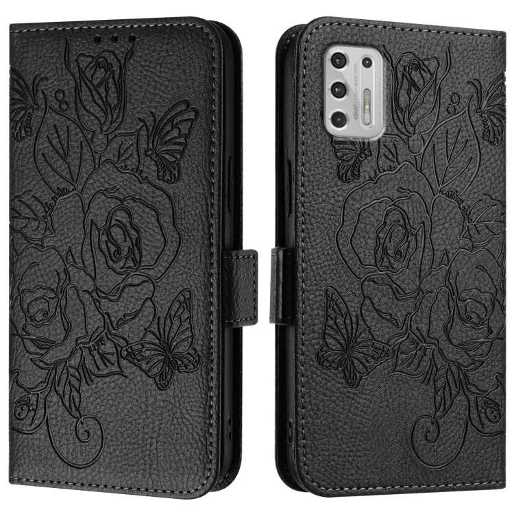 For Motorola Moto G Stylus 2021 4G Embossed Rose RFID Anti-theft Leather Phone Case(Black)