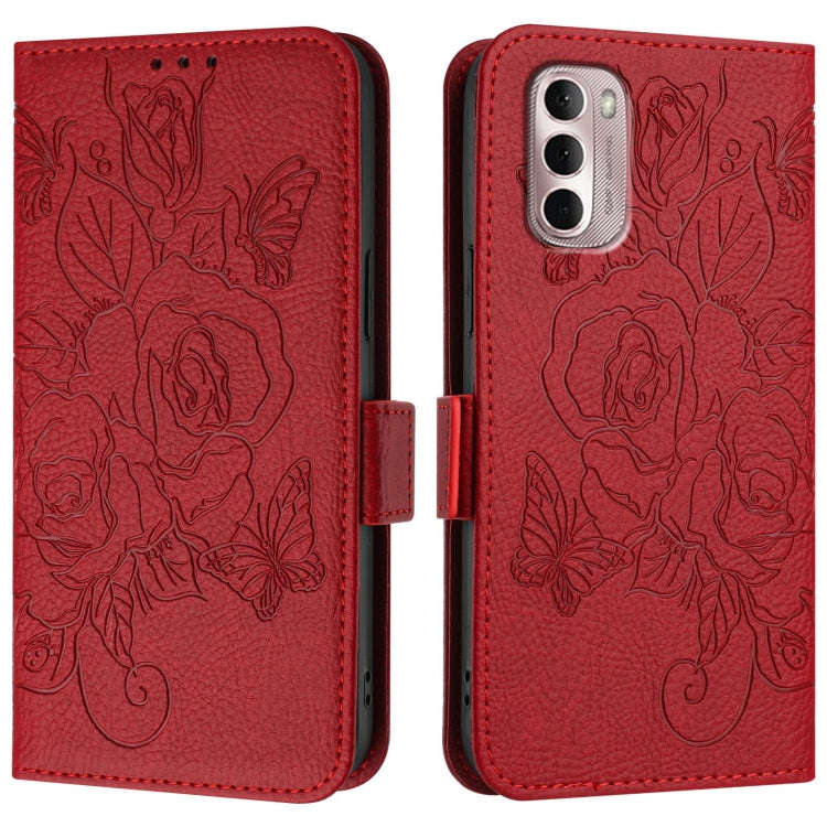 For Motorola Moto G Stylus 2022 4G Embossed Rose RFID Anti-theft Leather Phone Case(Red)