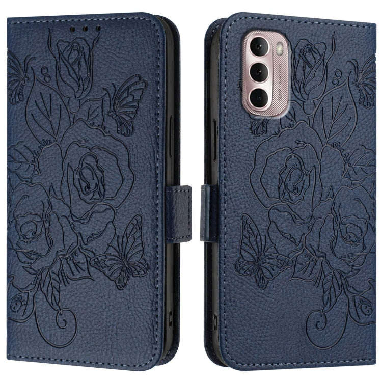 For Motorola Moto G Stylus 2022 4G Embossed Rose RFID Anti-theft Leather Phone Case(Dark Blue)