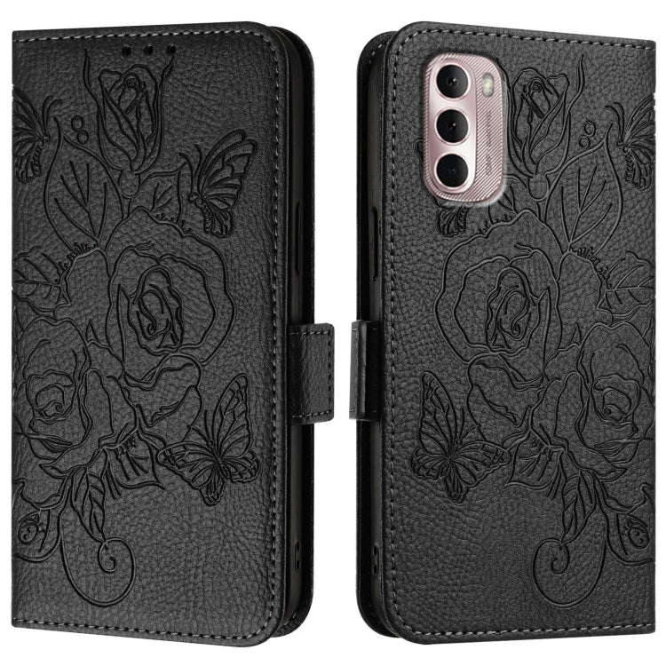 For Motorola Moto G Stylus 2022 4G Embossed Rose RFID Anti-theft Leather Phone Case(Black)