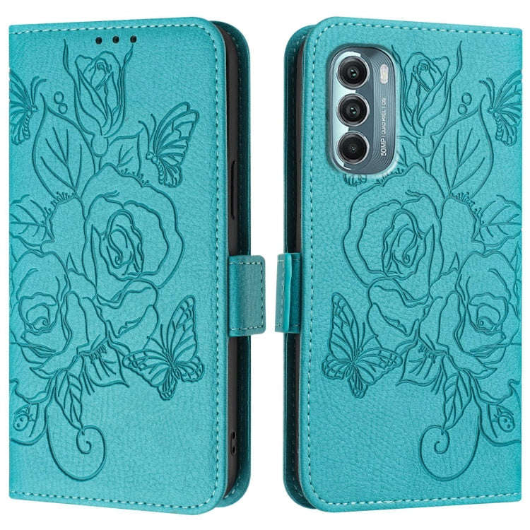 For Motorola Moto G Stylus 2022 5G Embossed Rose RFID Anti-theft Leather Phone Case(Light Blue)