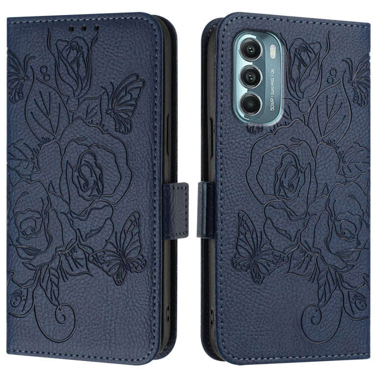 For Motorola Moto G Stylus 2022 5G Embossed Rose RFID Anti-theft Leather Phone Case(Dark Blue)