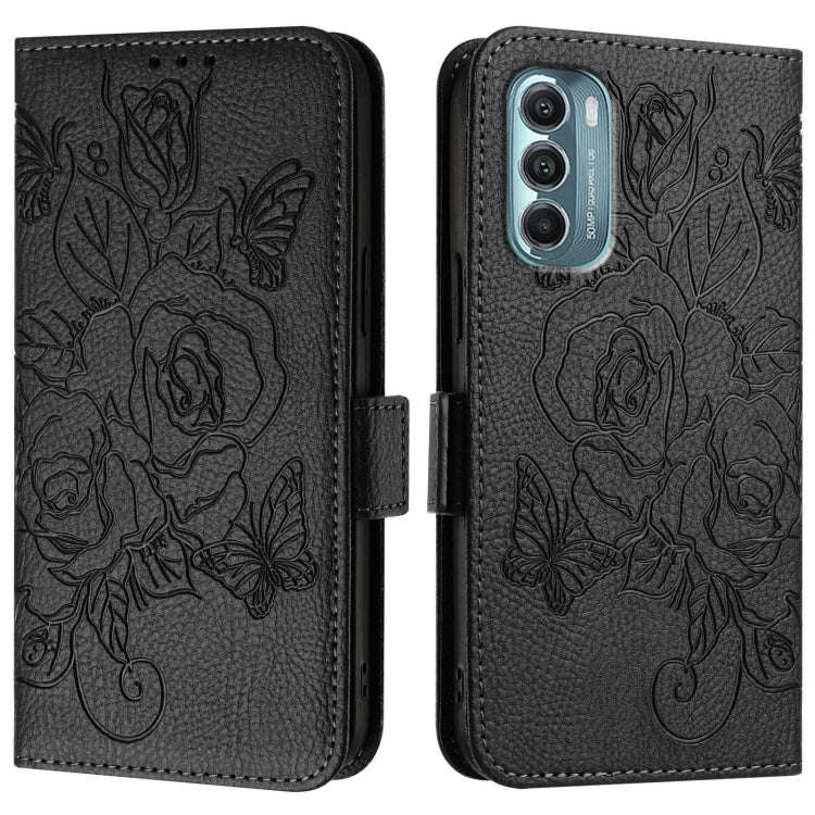 For Motorola Moto G Stylus 2022 5G Embossed Rose RFID Anti-theft Leather Phone Case(Black)