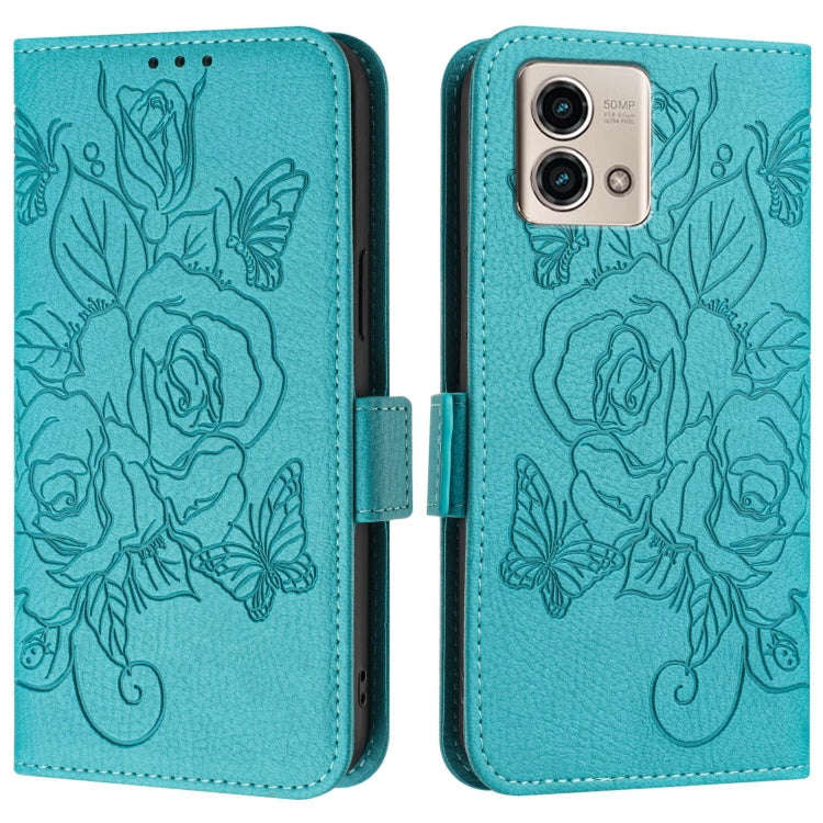 For Motorola Moto G Stylus 2023 4G Embossed Rose RFID Anti-theft Leather Phone Case(Light Blue)
