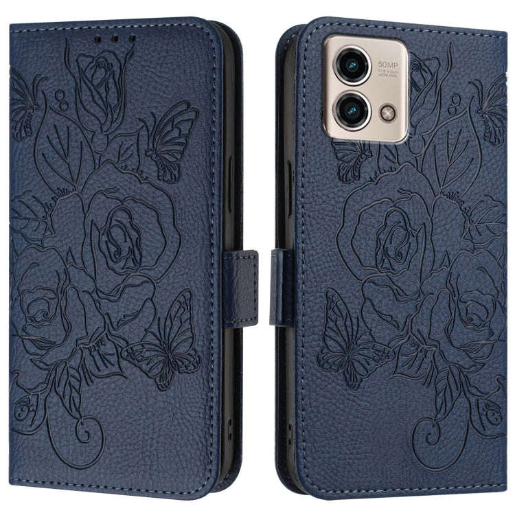 For Motorola Moto G Stylus 2023 4G Embossed Rose RFID Anti-theft Leather Phone Case(Dark Blue)
