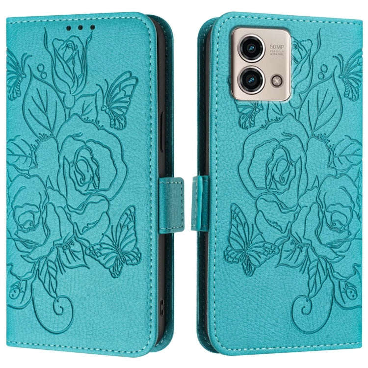 For Motorola Moto G Stylus 2023 5G Embossed Rose RFID Anti-theft Leather Phone Case(Light Blue)