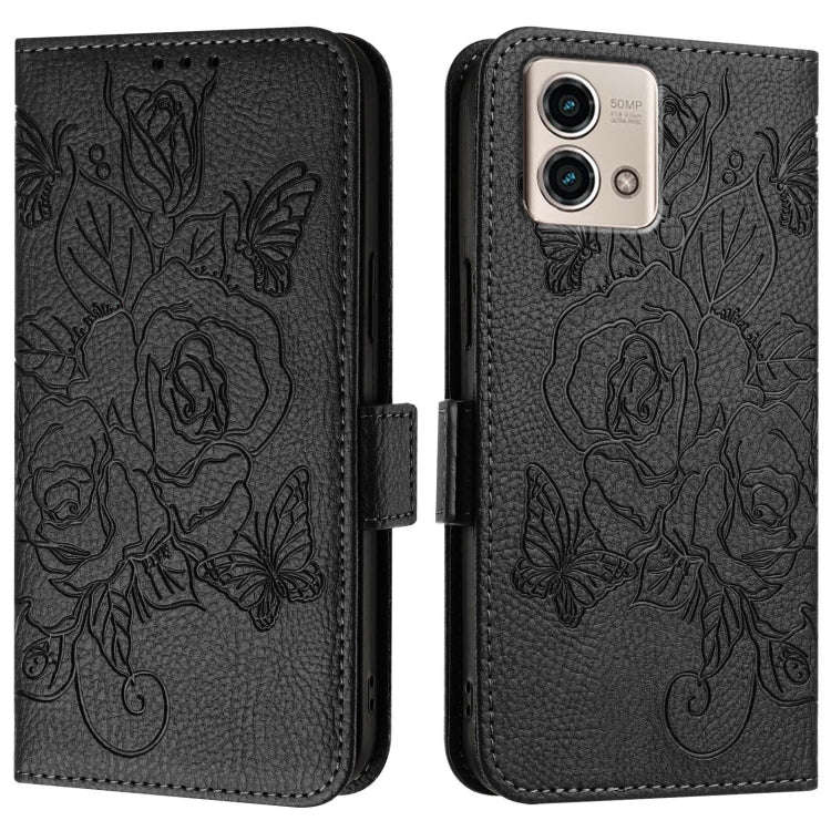 For Motorola Moto G Stylus 2023 5G Embossed Rose RFID Anti-theft Leather Phone Case(Black)