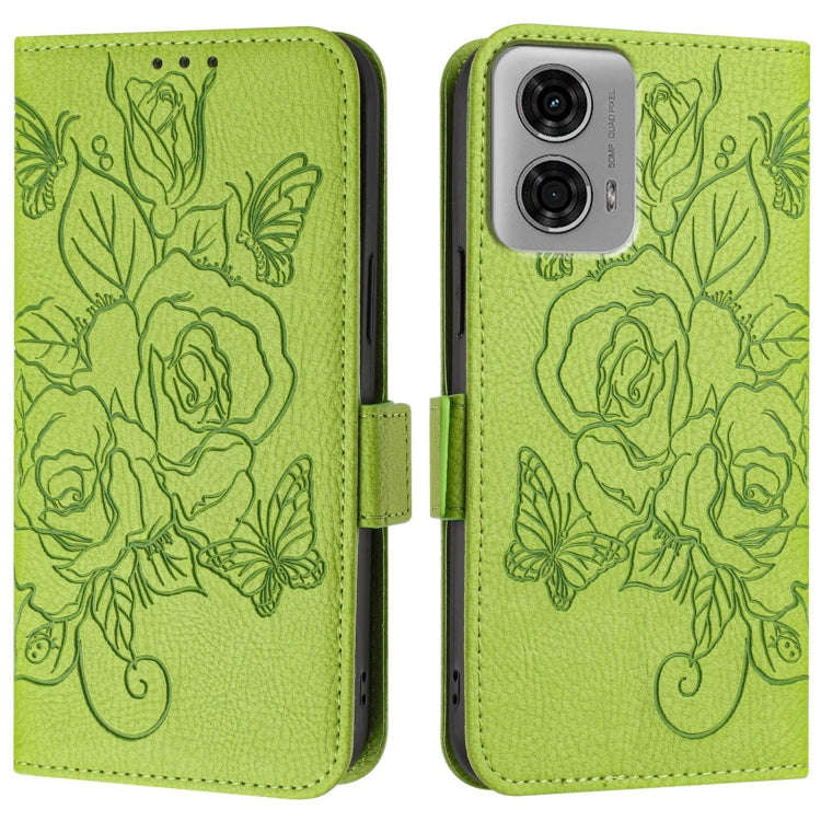 For Motorola Moto G04 4G / G24 4G Embossed Rose RFID Anti-theft Leather Phone Case(Green)