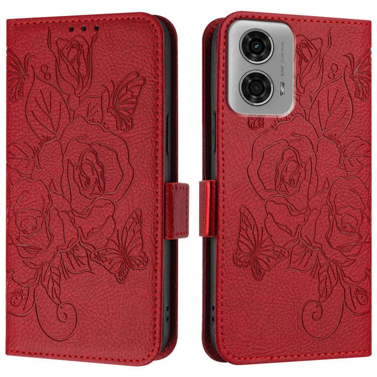 For Motorola Moto G04 4G / G24 4G Embossed Rose RFID Anti-theft Leather Phone Case(Red)