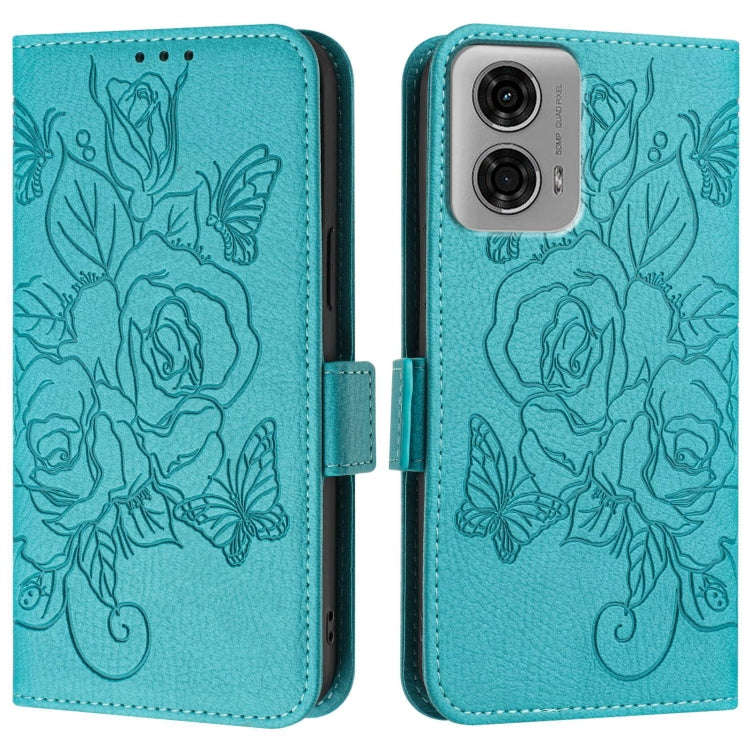 For Motorola Moto G04 4G / G24 4G Embossed Rose RFID Anti-theft Leather Phone Case(Light Blue)