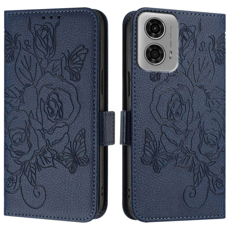 For Motorola Moto G04 4G / G24 4G Embossed Rose RFID Anti-theft Leather Phone Case(Dark Blue)