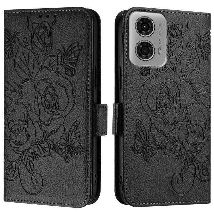For Motorola Moto G04 4G / G24 4G Embossed Rose RFID Anti-theft Leather Phone Case(Black)