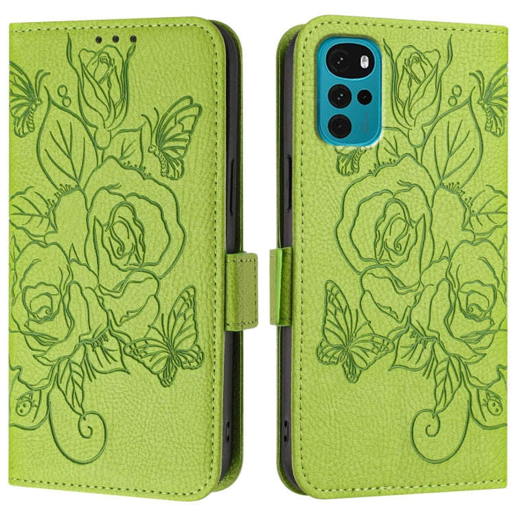 For Motorola E32 4G India Embossed Rose RFID Anti-theft Leather Phone Case(Green)