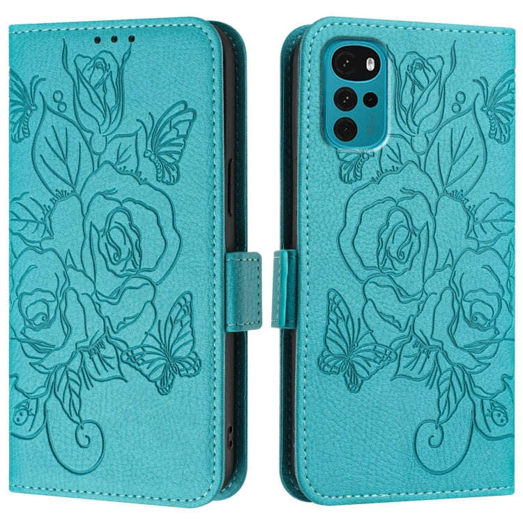 For Motorola E32 4G India Embossed Rose RFID Anti-theft Leather Phone Case(Light Blue)