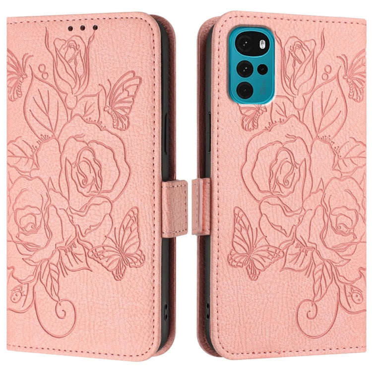 For Motorola E32 4G India Embossed Rose RFID Anti-theft Leather Phone Case(Pink)