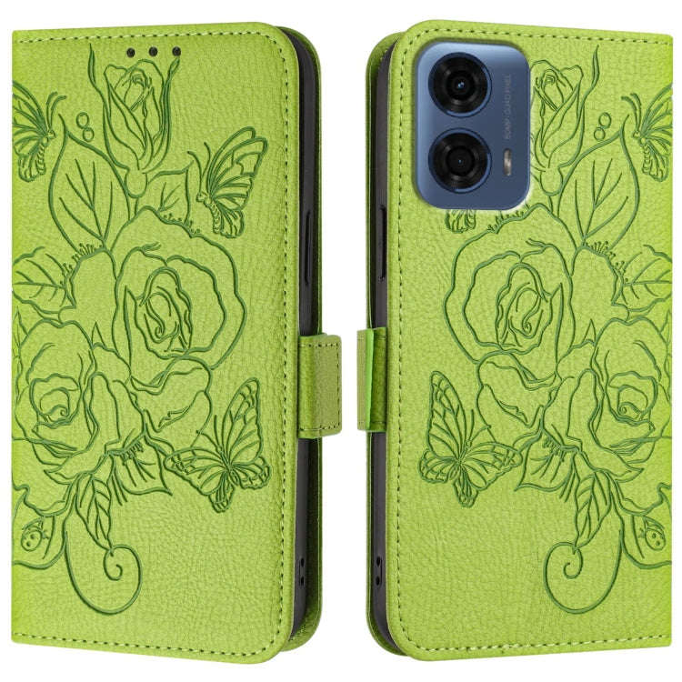 For Motorola Moto G24 Power 4G India Embossed Rose RFID Anti-theft Leather Phone Case(Green)