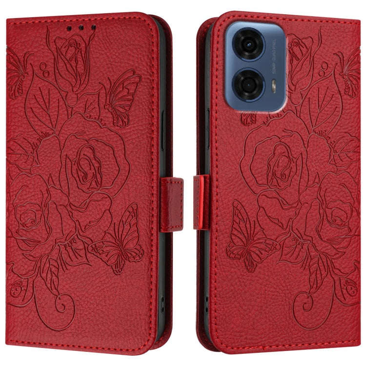 For Motorola Moto G24 Power 4G India Embossed Rose RFID Anti-theft Leather Phone Case(Red)