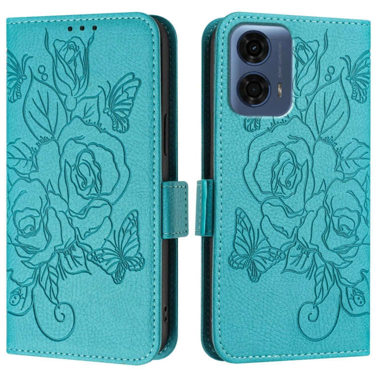 For Motorola Moto G24 Power 4G India Embossed Rose RFID Anti-theft Leather Phone Case(Light Blue)