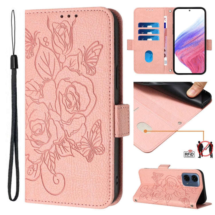 For Motorola Moto G24 Power 4G India Embossed Rose RFID Anti-theft Leather Phone Case(Pink)