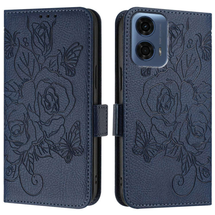For Motorola Moto G24 Power 4G India Embossed Rose RFID Anti-theft Leather Phone Case(Dark Blue)