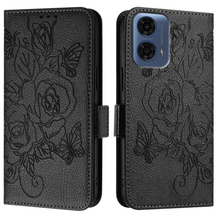 For Motorola Moto G24 Power 4G India Embossed Rose RFID Anti-theft Leather Phone Case(Black)