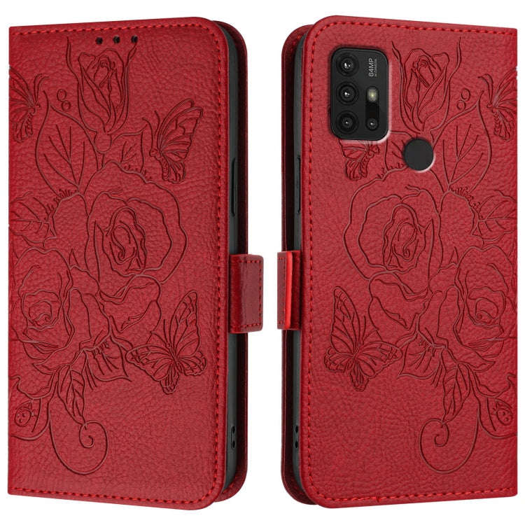 For Motorola Moto G30 / G10 / G20 Embossed Rose RFID Anti-theft Leather Phone Case(Red)