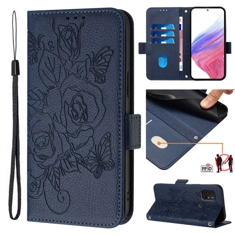 For Motorola Moto G30 / G10 / G20 Embossed Rose RFID Anti-theft Leather Phone Case(Dark Blue)