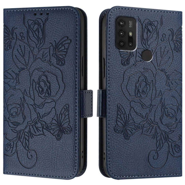 For Motorola Moto G30 / G10 / G20 Embossed Rose RFID Anti-theft Leather Phone Case(Dark Blue)
